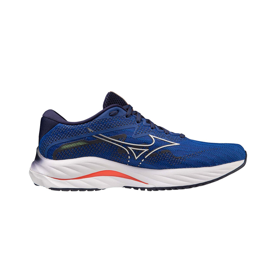 Medial side of the left shoe from a pair of Mizuno Men's Wave Rider 27 Running Shoes in the Surf the Web/White/Neon Flame colourway (7926842491042)