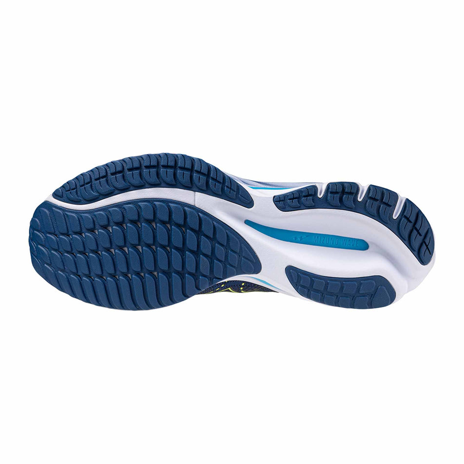 Outsole of the left shoe from a pair of Mizuno Wave Rider 27 Running Shoes in the Navy Peony/Sharp Green/Swim Cap colourway (8121673023650)