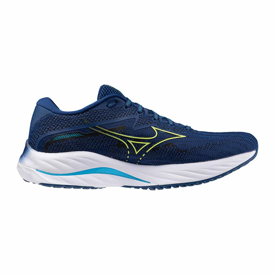Medial side of the left shoe from a pair of Mizuno Wave Rider 27 Running Shoes in the Navy Peony/Sharp Green/Swim Cap colourway (8121673023650)