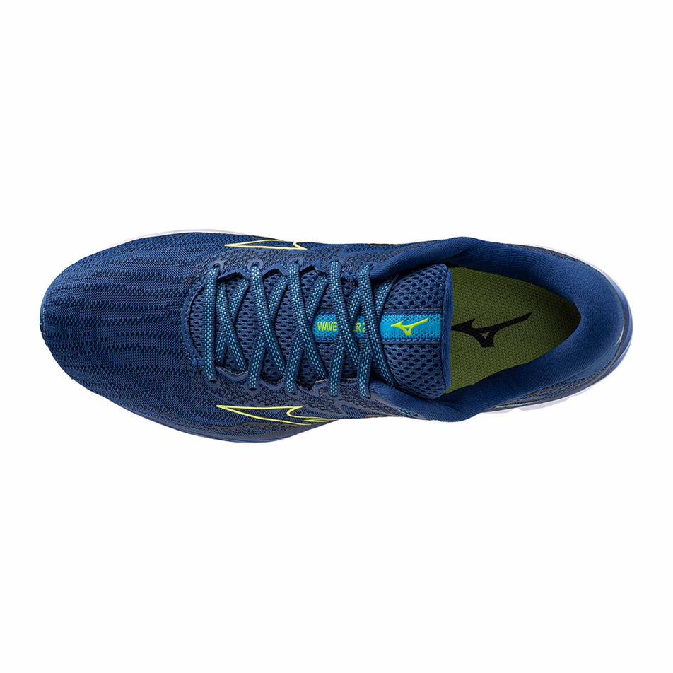 Upper of the left shoe from a pair of Mizuno Wave Rider 27 Running Shoes in the Navy Peony/Sharp Green/Swim Cap colourway (8121673023650)