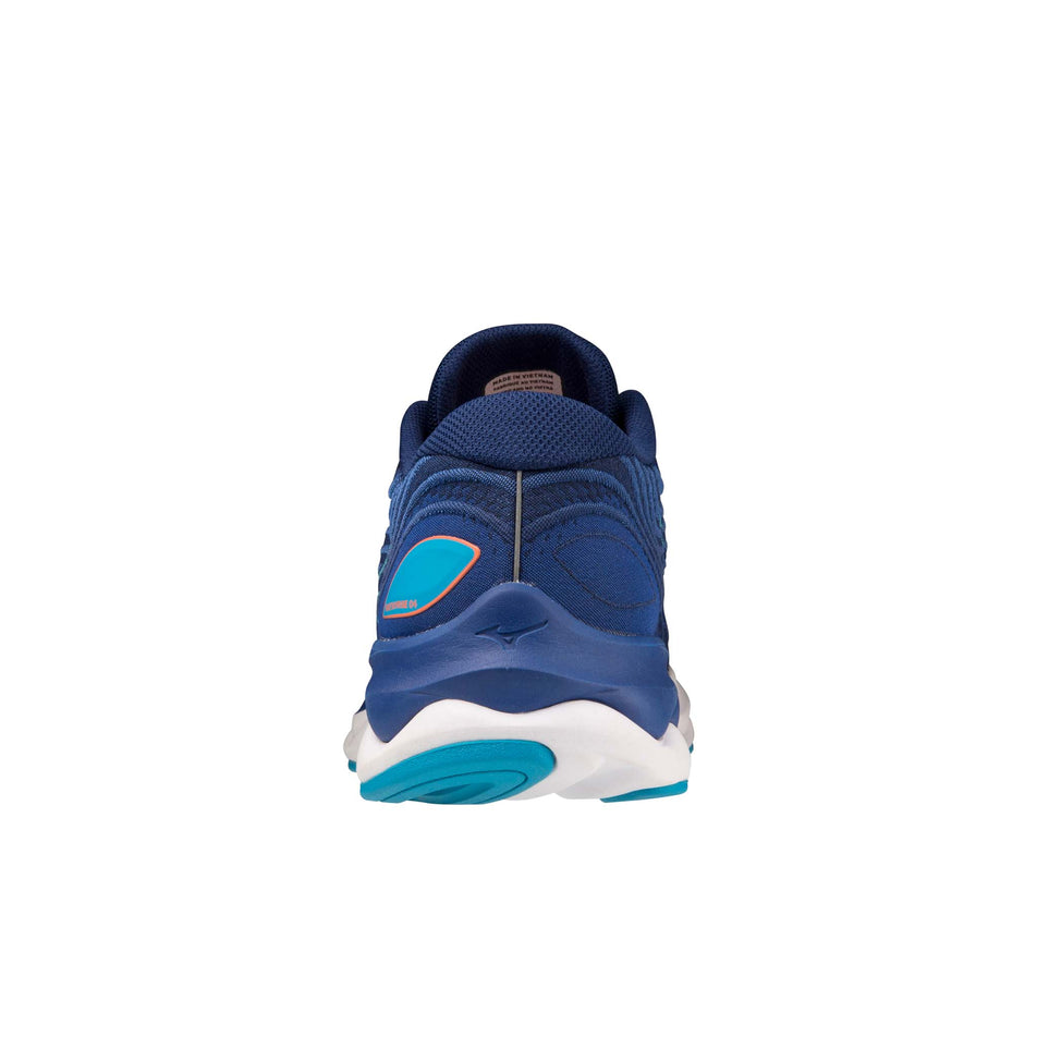 Back of the left shoe from a pair of Mizuno Men's Wave Skyrise 4 Running Shoes in the Blue Depths/Hawaiian Ocean/Neon Flame colourway (7983449505954)