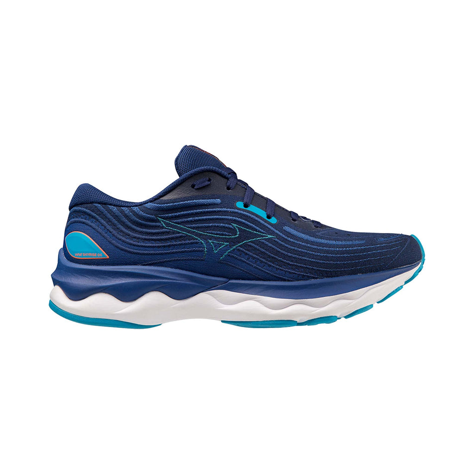 Lateral side of the right shoe from a pair of Mizuno Men's Wave Skyrise 4 Running Shoes in the Blue Depths/Hawaiian Ocean/Neon Flame colourway (7983449505954)