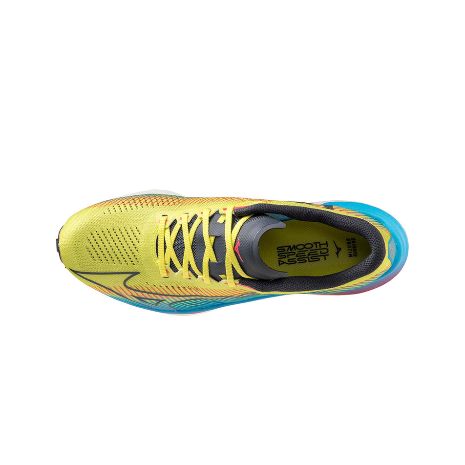 Upper of the left shoe from a pair of Mizuno Men's Wave Rebellion Pro Running Shoes in the Bolt 2 (Neon)/Ombre Blue/Jet Blue colourway (7983503343778)