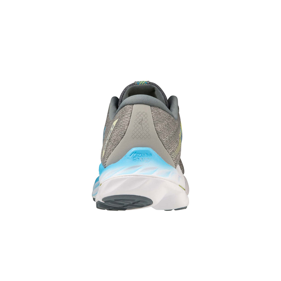 The back of the left shoe from a pair of Mizuno Men's Wave Inspire 19 Running Shoes in the Ultimate Gray/Jet Blue/Bolt 2 (Neon) colourway (7926843179170)