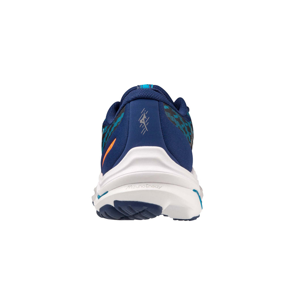 Back of the left shoe from a pair of Mizuno Men's Wave Equate 7 Running Shoes in the Blue Depths/Silver/Neon Flame colourway (7931068711074)