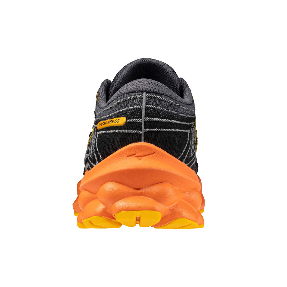 Back of the left shoe from a pair of Mizuno Men's Wave Skyrise 5 Running Shoes in the Turbulence/Citrus/Nasturtium colourway (8146828624034)