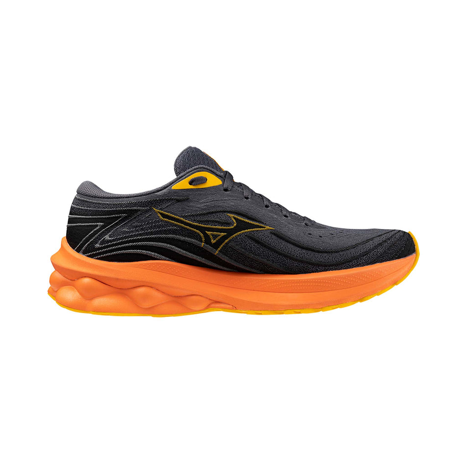Medial side of the left shoe from a pair of Mizuno Men's Wave Skyrise 5 Running Shoes in the Turbulence/Citrus/Nasturtium colourway (8146828624034)