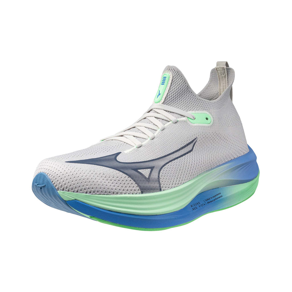 Lateral side of the left shoe from a pair of Mizuno Men's Neo Vista Running Shoes in the Nimbus Cloud/Vintage Indigo/Neo Mint colourway. (8547525689506)