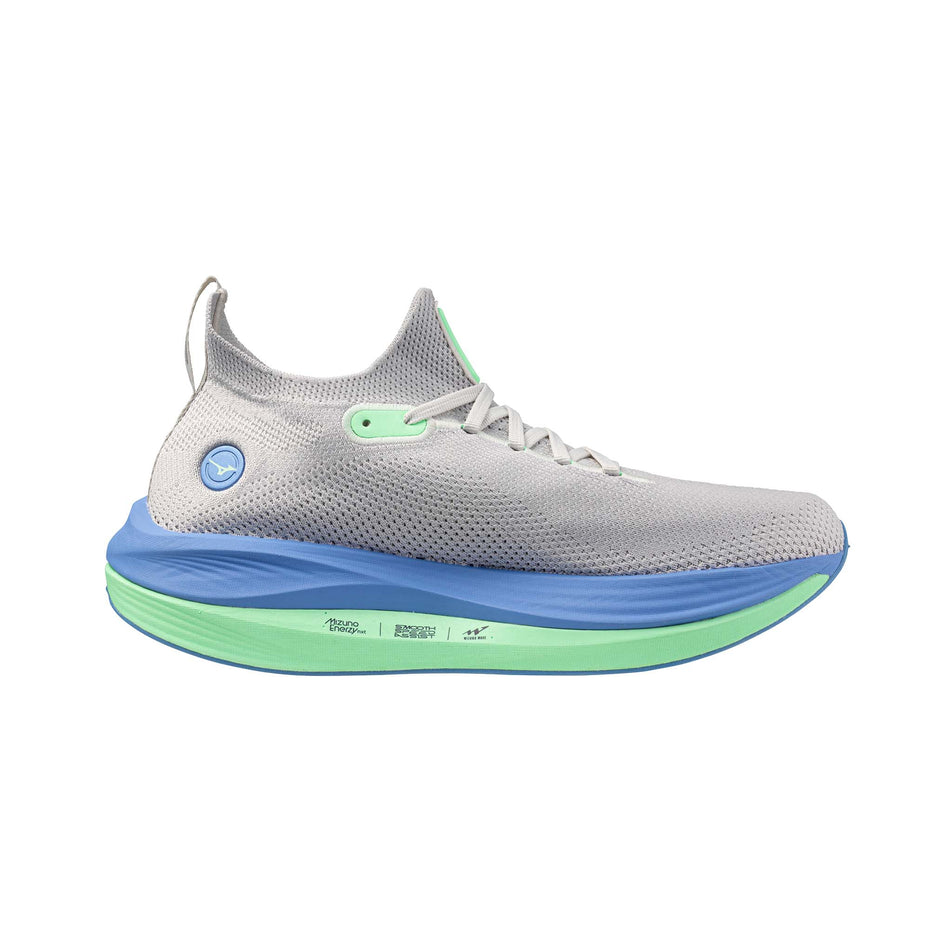 Medial side of the left shoe from a pair of Mizuno Men's Neo Vista Running Shoes in the Nimbus Cloud/Vintage Indigo/Neo Mint colourway. (8547525689506)