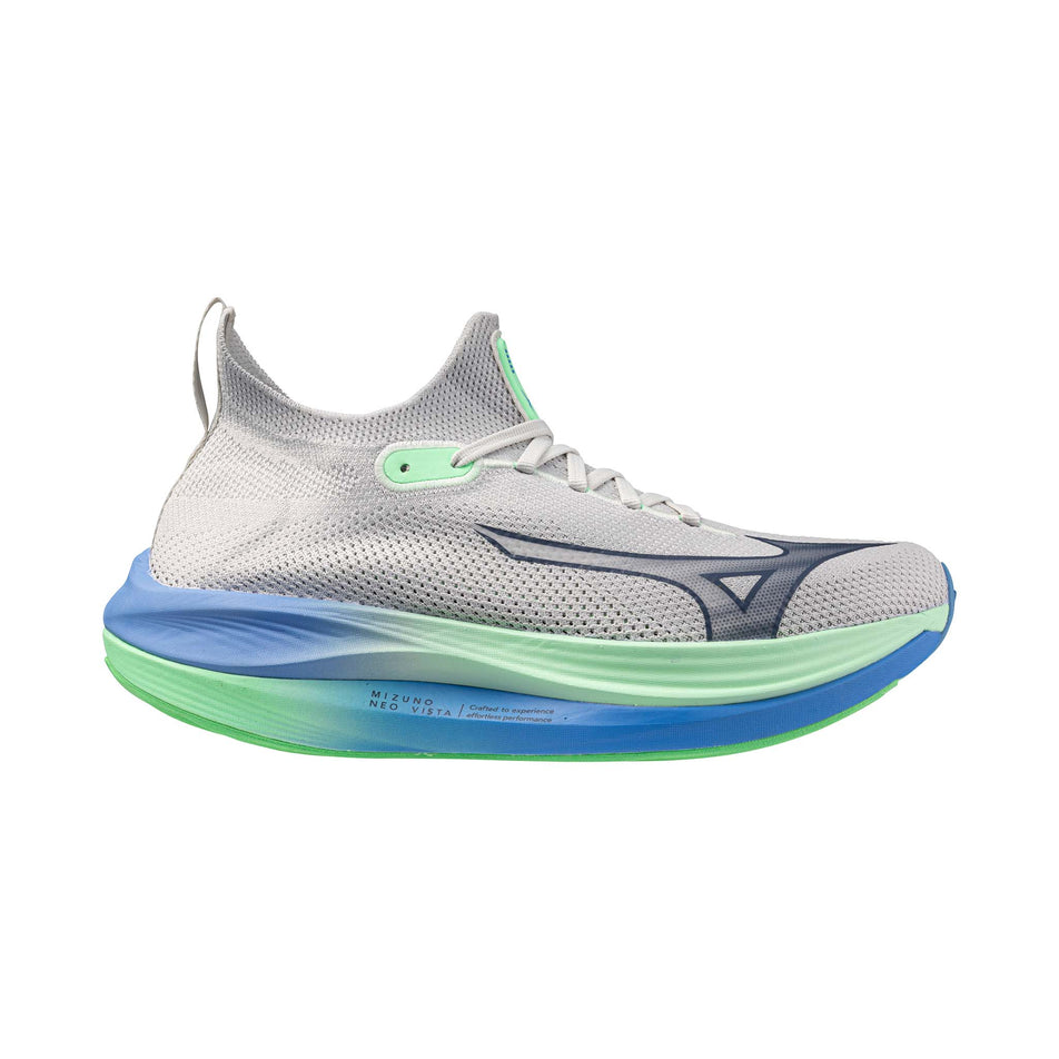 Lateral side of the right shoe from a pair of Mizuno Men's Neo Vista Running Shoes in the Nimbus Cloud/Vintage Indigo/Neo Mint colourway. (8547525689506)