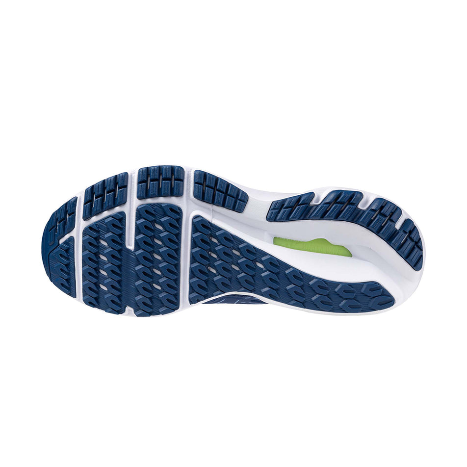 Outsole of the left shoe from a pair of Mizuno Men's Wave Equate 8 Running Shoes in the Navy Peony/Sharp Green/Marina colourway (8146830033058)