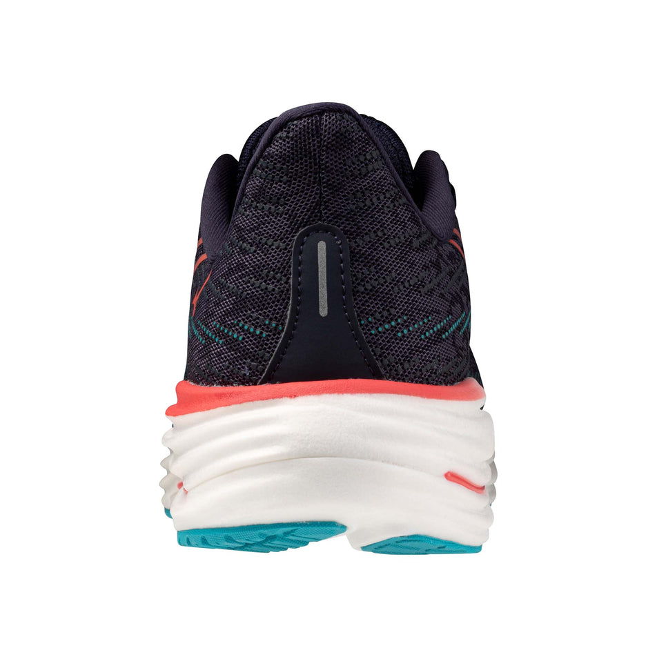The back of the left shoe from a pair of Mizuno Men's Wave Rider 29 Running Shoes in the Odyssey Gray/Capri Breeze/Calypso Coral colourway. (8675481354402)