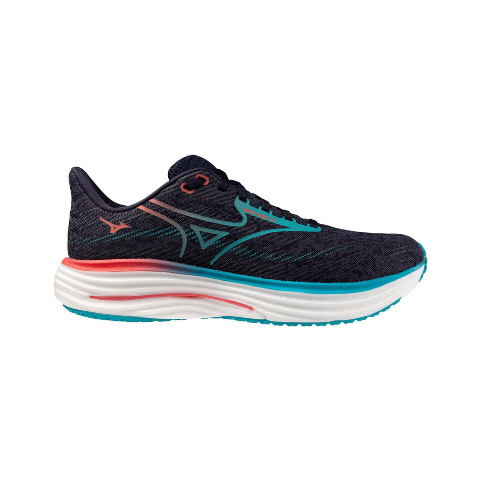 Lateral view of the right shoe from a pair of Mizuno Men's Wave Rider 29 Running Shoes in the Odyssey Gray/Capri Breeze/Calypso Coral colourway. (8675481354402)