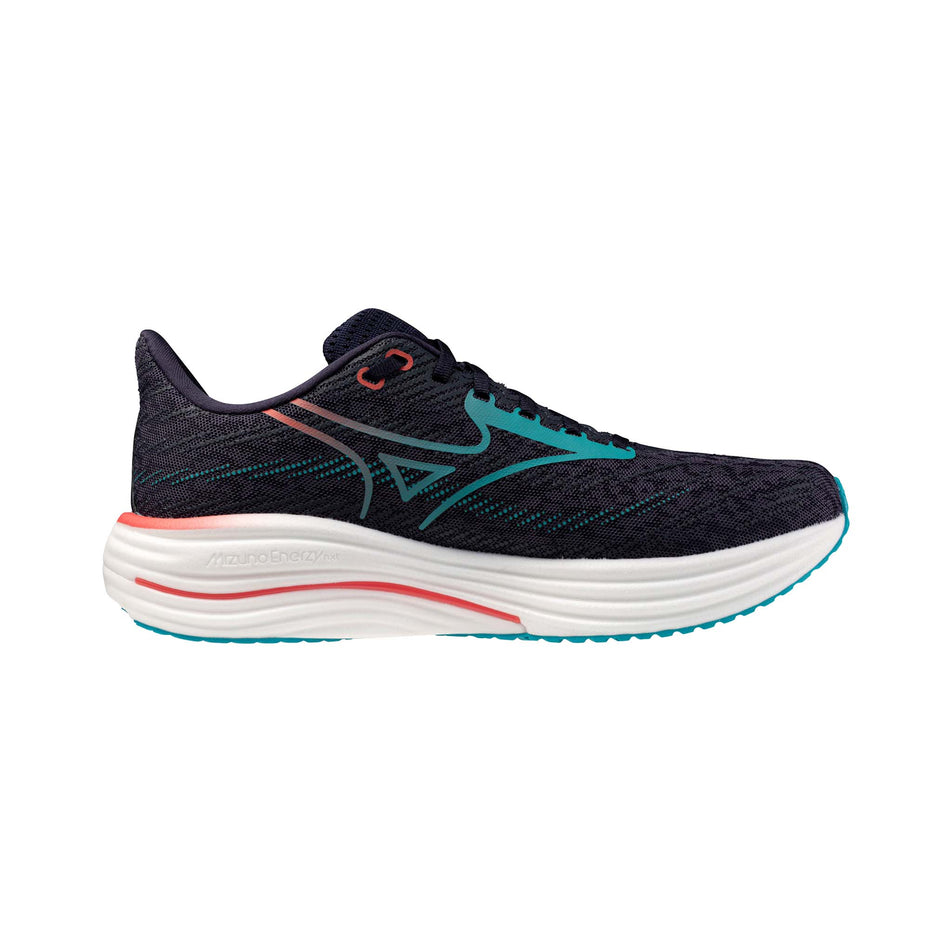 Medial view of the left shoe from a pair of Mizuno Men's Wave Rider 29 Running Shoes in the Odyssey Gray/Capri Breeze/Calypso Coral colourway. (8675481354402)