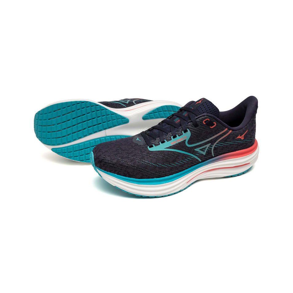 A pair of Mizuno Men's Wave Rider 29 Running Shoes in the Odyssey Gray/Capri Breeze/Calypso Coral colourway. (8675481354402)