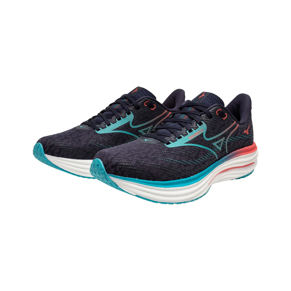 A pair of Mizuno Men's Wave Rider 29 Running Shoes in the Odyssey Gray/Capri Breeze/Calypso Coral colourway. (8675481354402)
