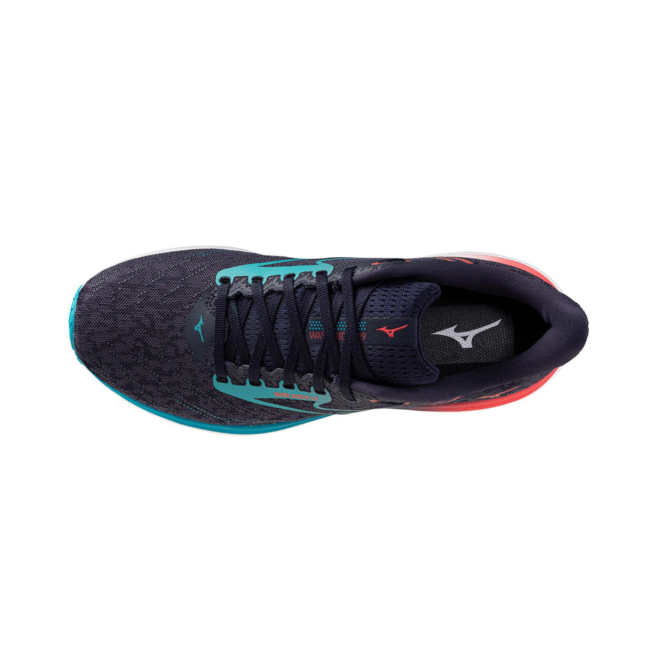 The upper of the left shoe from a pair of Mizuno Men's Wave Rider 29 Running Shoes in the Odyssey Gray/Capri Breeze/Calypso Coral colourway. (8675481354402)