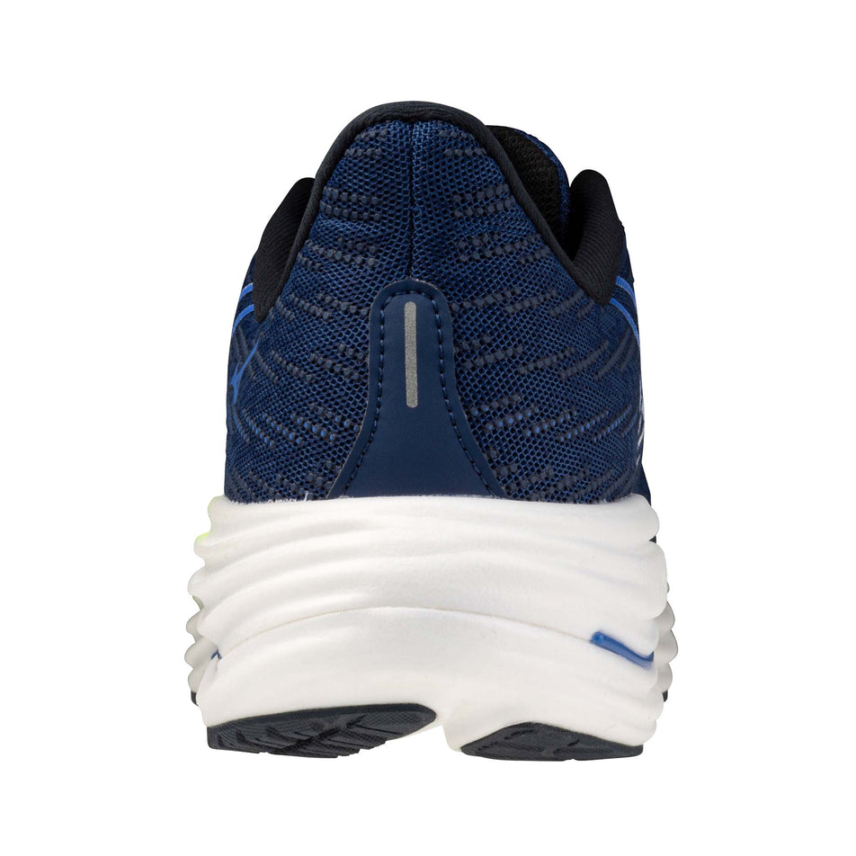 The back of the left shoe from a pair of Mizuno Men's Wave Rider 29 Running Shoes in the Estate Blue/White/Lighting Yellow colourway.