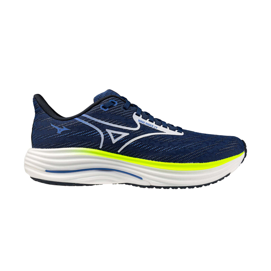 Lateral view of the right shoe from a pair of Mizuno Men's Wave Rider 29 Running Shoes in the Estate Blue/White/Lighting Yellow colourway.