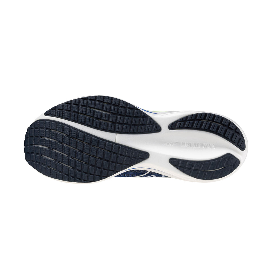 The outsole of the left shoe from a pair of Mizuno Men's Wave Rider 29 Running Shoes in the Estate Blue/White/Lighting Yellow colourway.