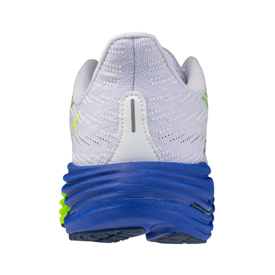 The back of the left shoe from a pair of Mizuno Men's Wave Rider 29 Running Shoes in the White/Estate Blue/Lighting Yellow colourway.
