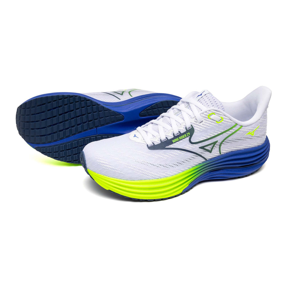 A pair of Mizuno Men's Wave Rider 29 Running Shoes in the White/Estate Blue/Lighting Yellow colourway.