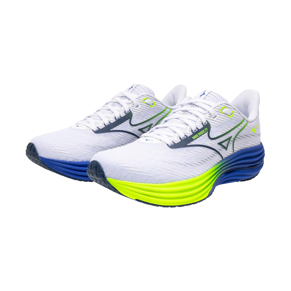 A pair of Mizuno Men's Wave Rider 29 Running Shoes in the White/Estate Blue/Lighting Yellow colourway.