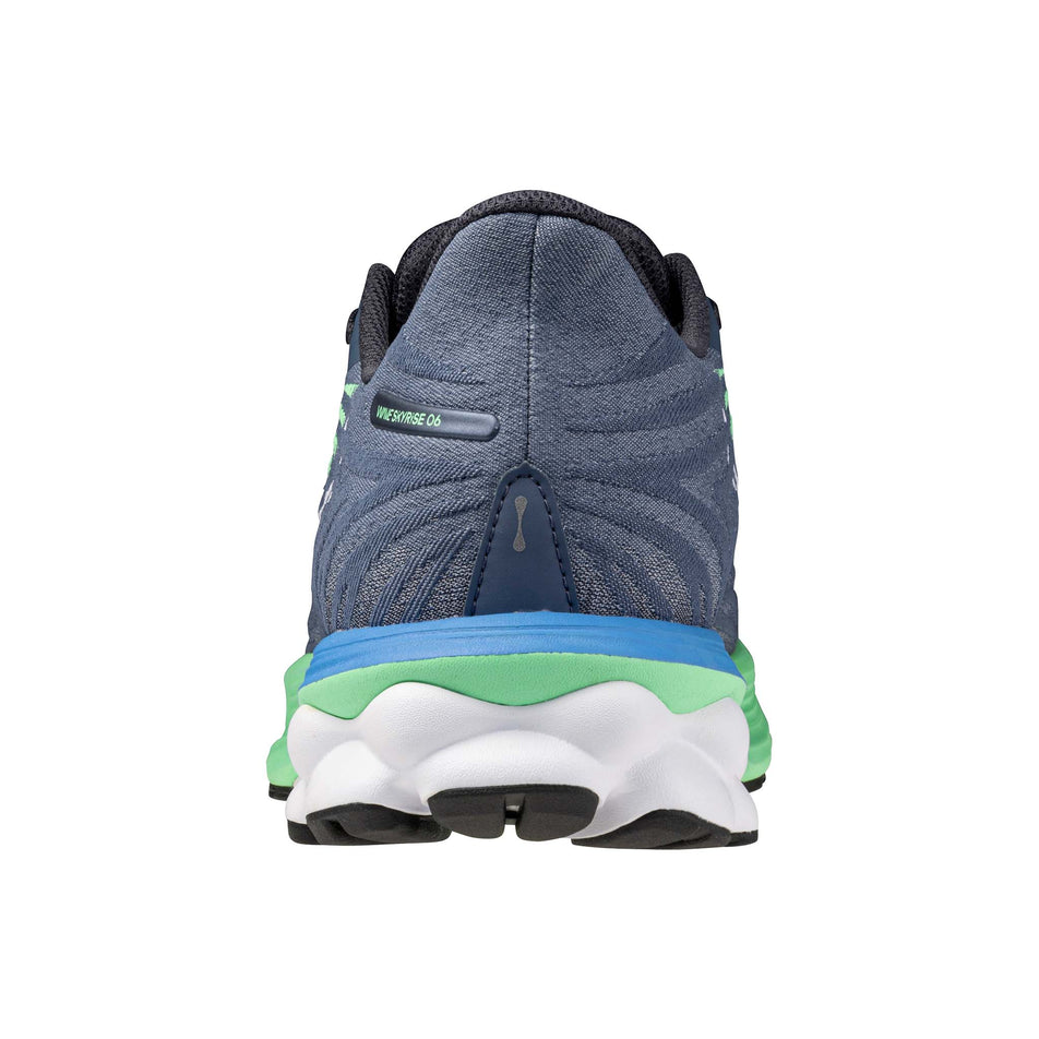 Back of the left shoe from a pair of Mizuno Men's Wave Skyrise 6 Running Shoes in the Vintage Indigo/White/Neo Mint colourway. (8547521855650)