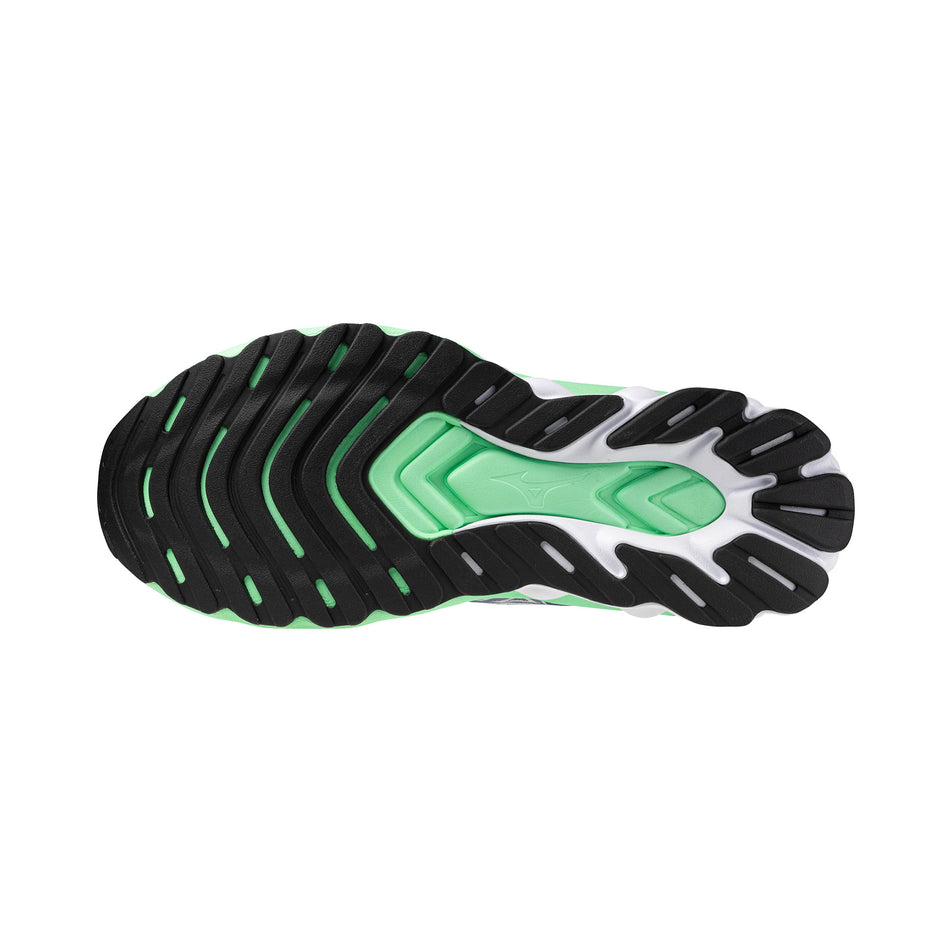 Outsole of the left shoe from a pair of Mizuno Men's Wave Skyrise 6 Running Shoes in the Vintage Indigo/White/Neo Mint colourway. (8547521855650)