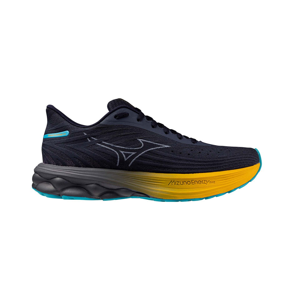 Lateral view of the right shoe from a pair of Mizuno Men's Wave Skyrise 6 Running Shoes in the Odyssey Gray/Icelandic Blue/Citrus colourway. (8691825213602)