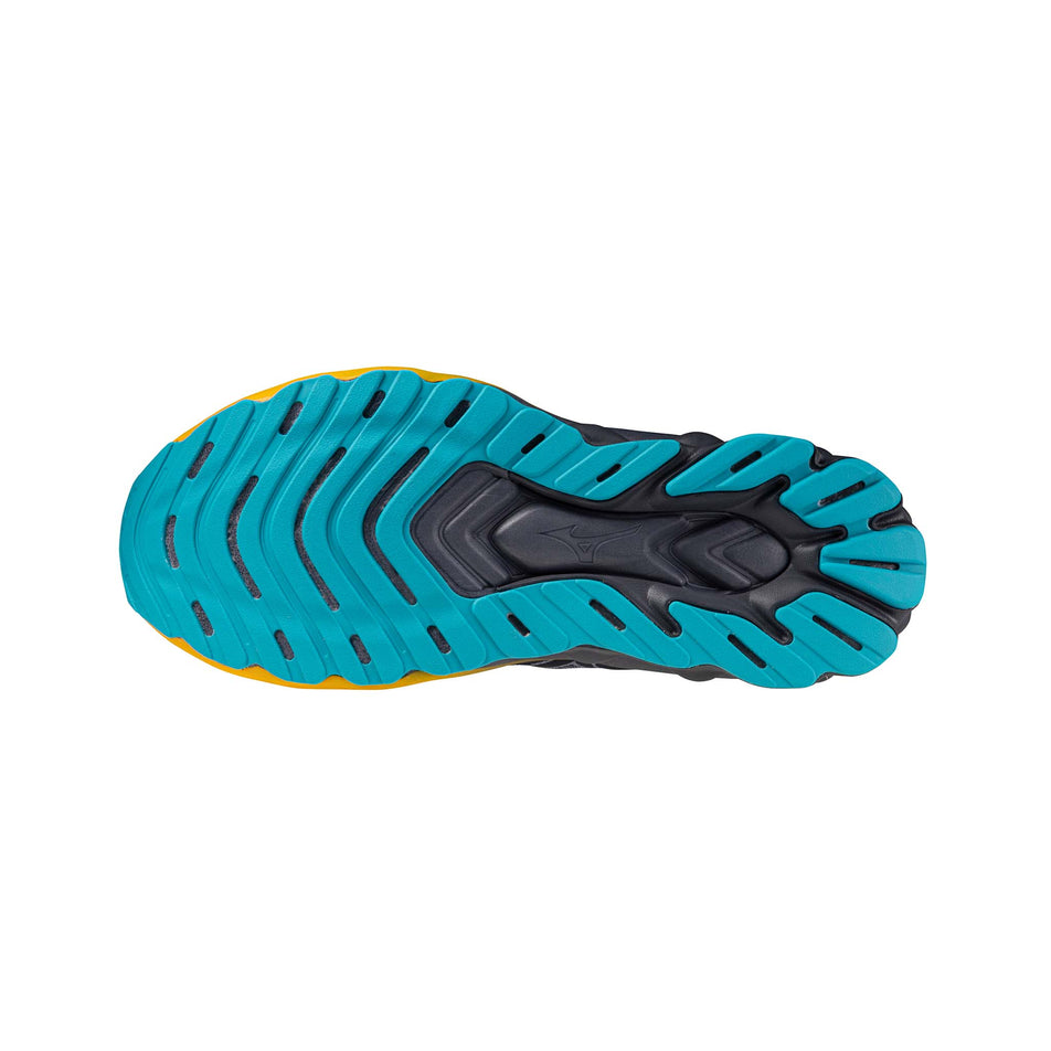 The outsole of the left shoe from a pair of Mizuno Men's Wave Skyrise 6 Running Shoes in the Odyssey Gray/Icelandic Blue/Citrus colourway. (8691825213602)