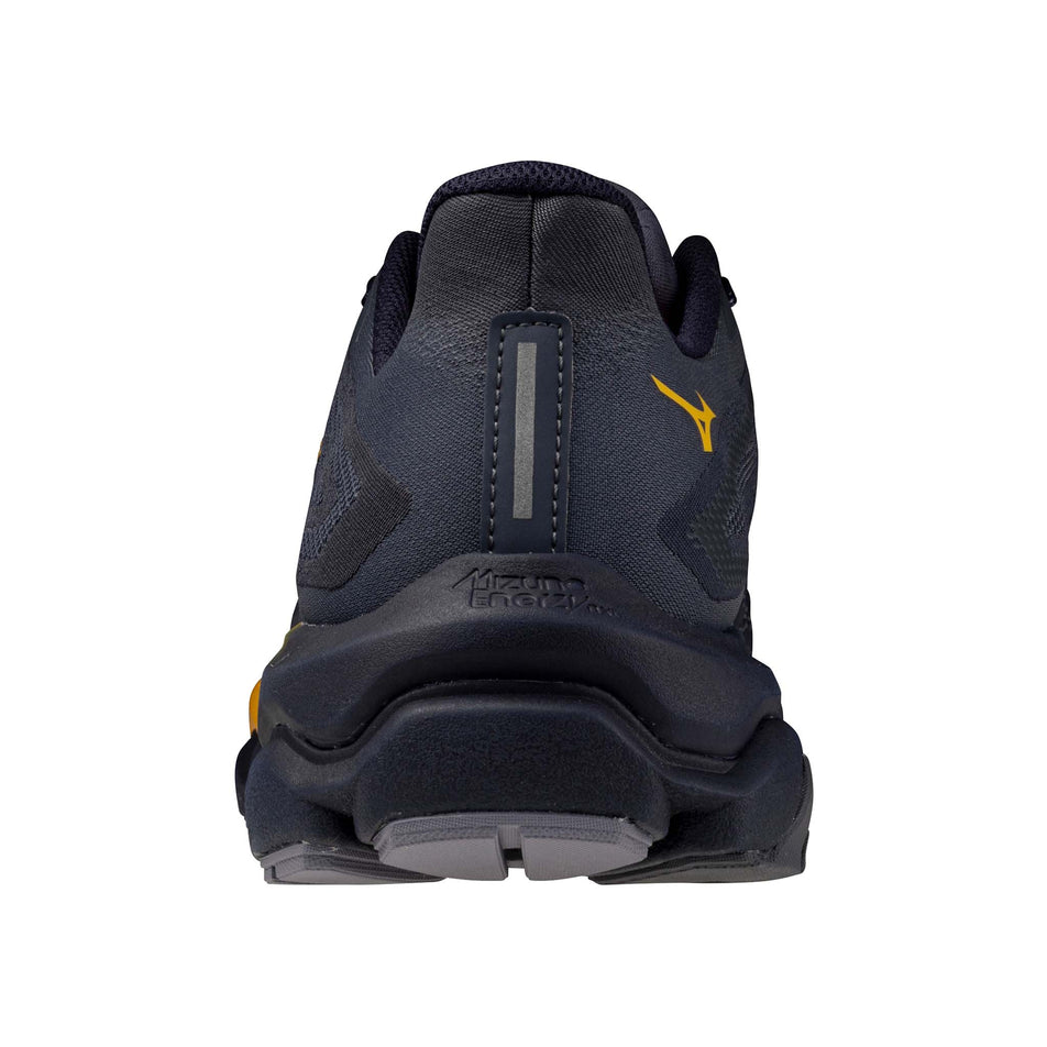 The back of the left shoe from a pair of Mizuno Men's Wave Horizon 8 Running Shoes in the Blue Granite/Citrus/Baritone Blue colourway. (8691952386210)