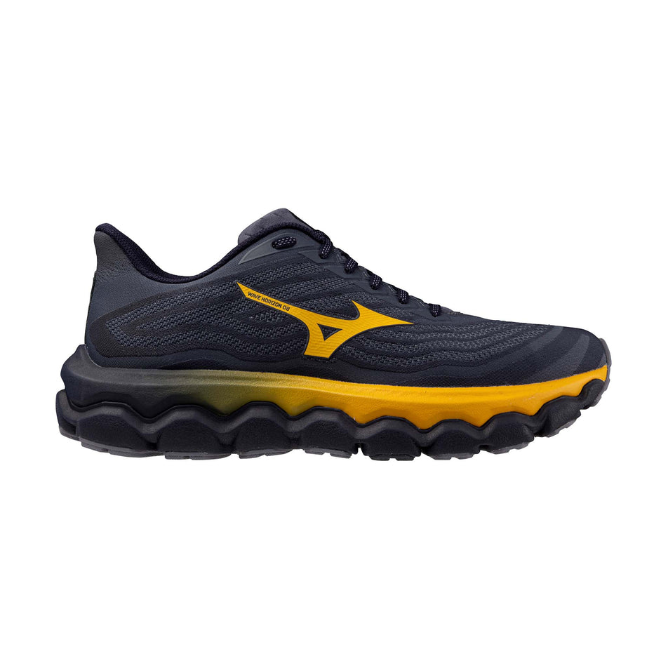 Lateral view of the right shoe from a pair of Mizuno Men's Wave Horizon 8 Running Shoes in the Blue Granite/Citrus/Baritone Blue colourway. (8691952386210)