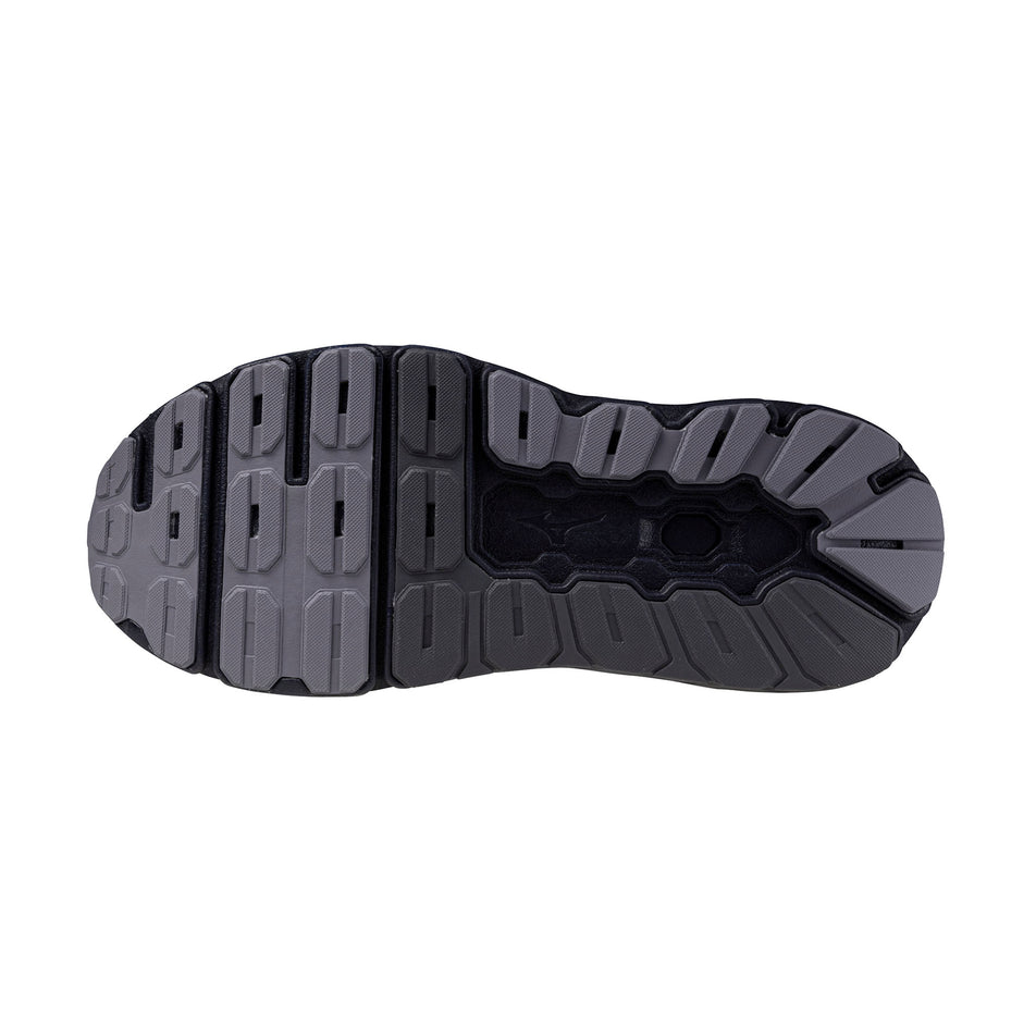 The outsole of the left shoe from a pair of Mizuno Men's Wave Horizon 8 Running Shoes in the Blue Granite/Citrus/Baritone Blue colourway. (8691952386210)