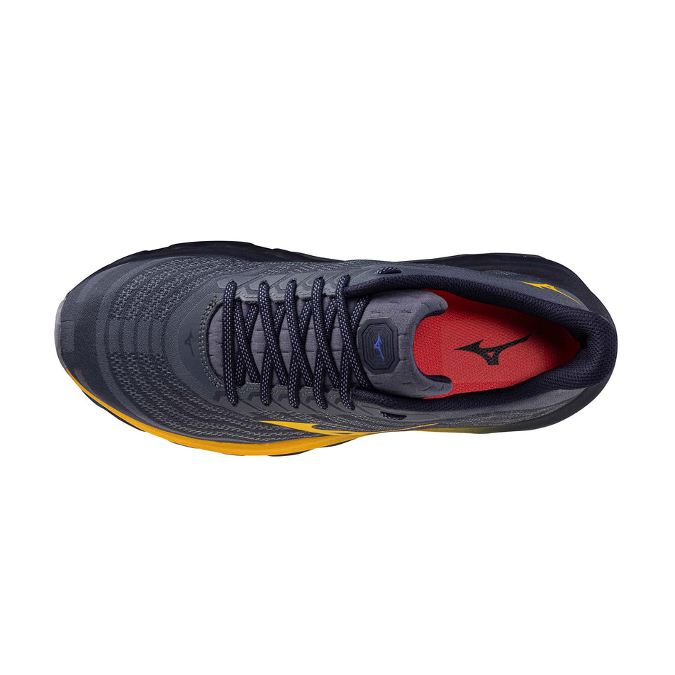 The upper of the left shoe from a pair of Mizuno Men's Wave Horizon 8 Running Shoes in the Blue Granite/Citrus/Baritone Blue colourway. (8691952386210)