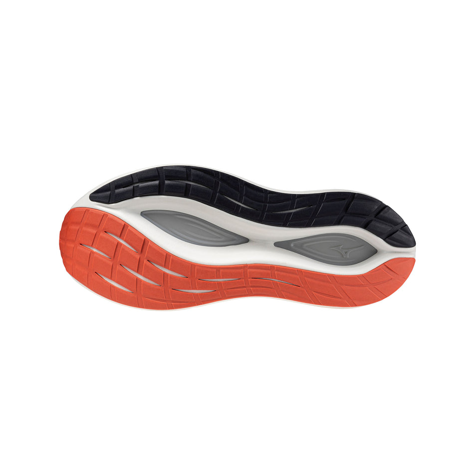 The outsole of the left shoe from a pair of Mizuno Men's Neo Vista 2 Running Shoes in the White/White/Iris Bloom colourway. (8675489218722)