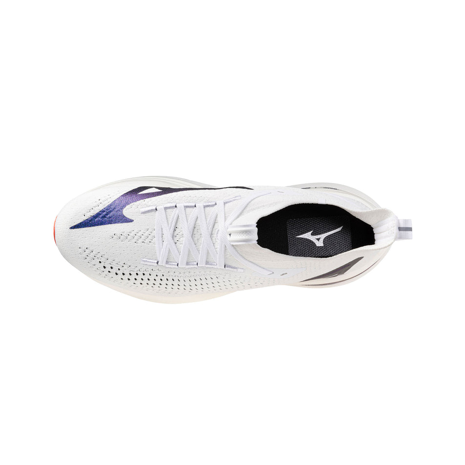 The upper of the left shoe from a pair of Mizuno Men's Neo Vista 2 Running Shoes in the White/White/Iris Bloom colourway. (8675489218722)