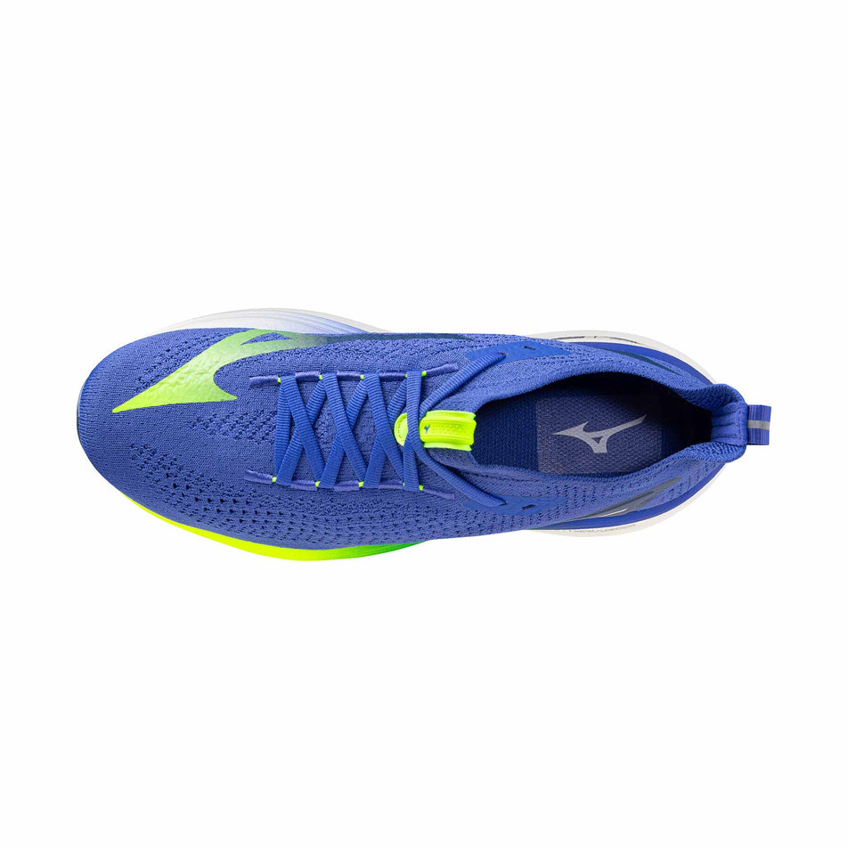 The upper of the left shoe from a pair of Mizuno Men's Neo Vista 2 Running Shoes in the Dasszling Blue/White/Lighting Yellow colourway.