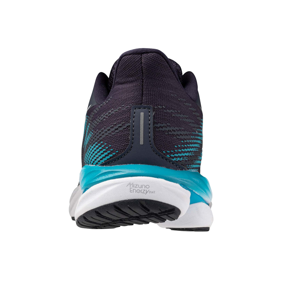 The back of the left shoe from a pair of Mizuno Men's Wave Inspire 21 Running Shoes in the Odyssey Gray/White/Capri Breeze colourway. (8675483713698)