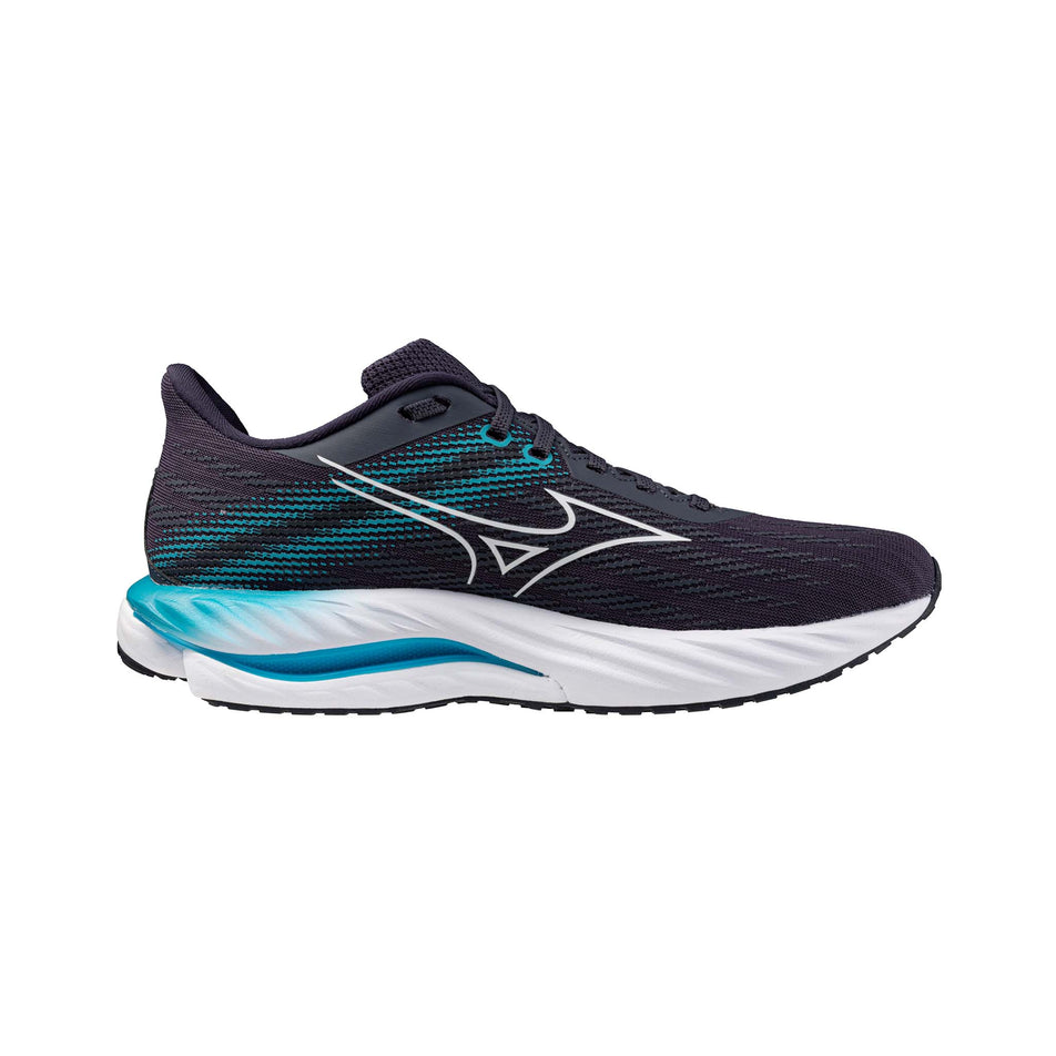 Medial view of the left shoe from a pair of Mizuno Men's Wave Inspire 21 Running Shoes in the Odyssey Gray/White/Capri Breeze colourway. (8675483713698)
