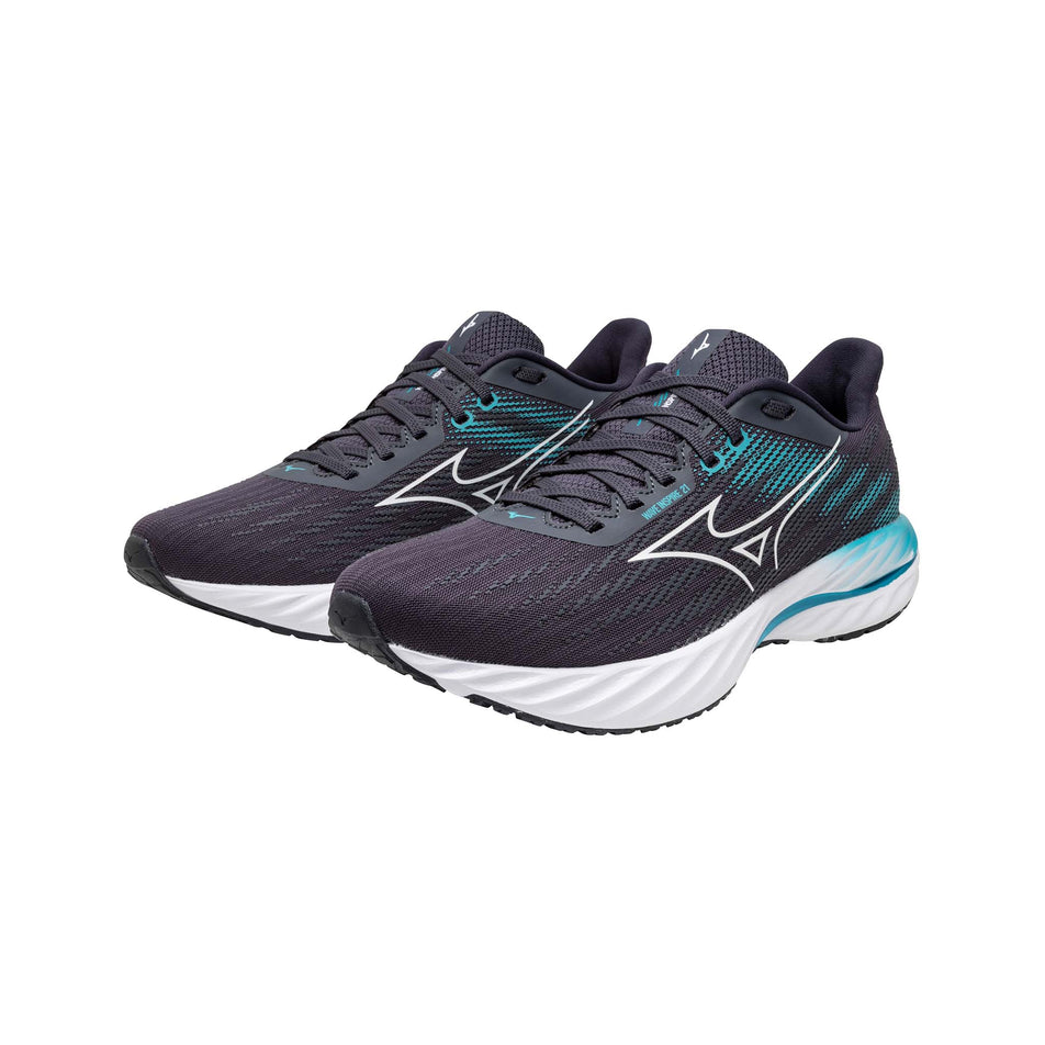 A pair of Mizuno Men's Wave Inspire 21 Running Shoes in the Odyssey Gray/White/Capri Breeze colourway. (8675483713698)