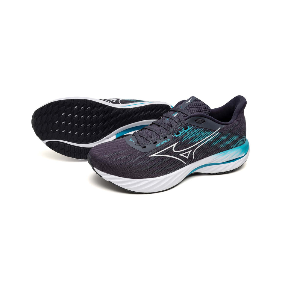 A pair of Mizuno Men's Wave Inspire 21 Running Shoes in the Odyssey Gray/White/Capri Breeze colourway. (8675483713698)