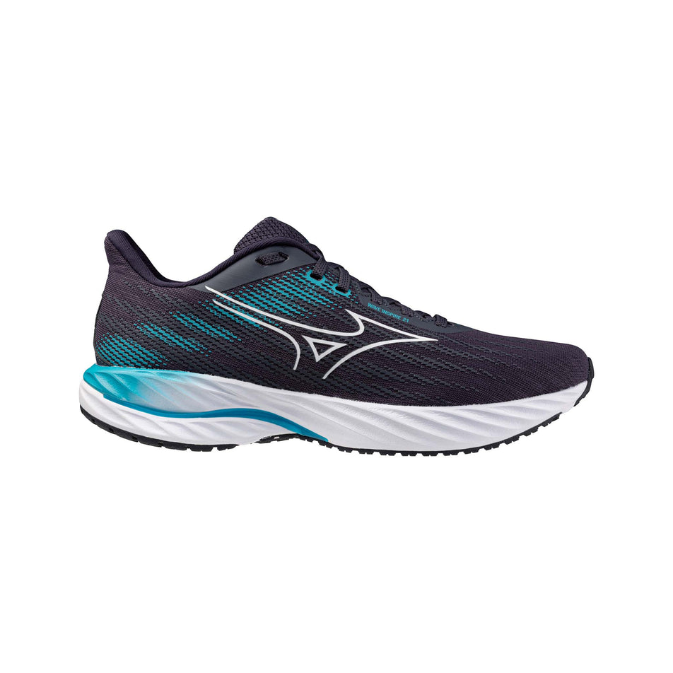 Lateral view of the right shoe from a pair of Mizuno Men's Wave Inspire 21 Running Shoes in the Odyssey Gray/White/Capri Breeze colourway. (8675483713698)
