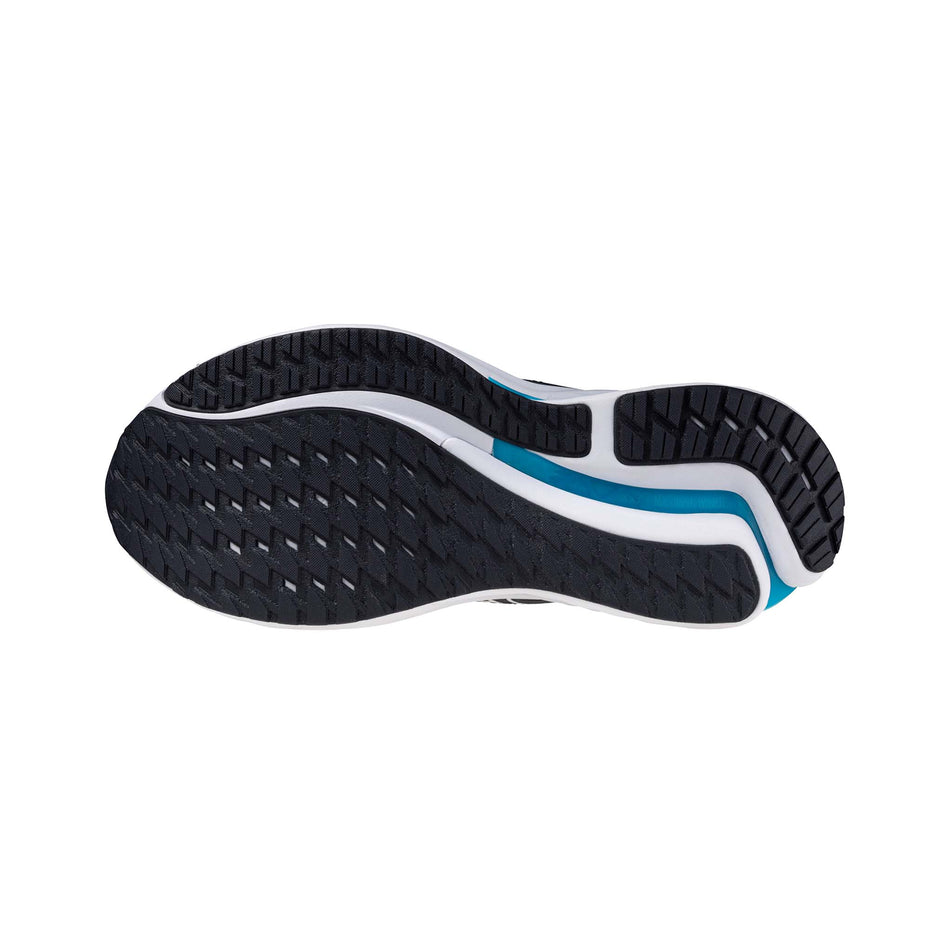The outsole of the left shoe from a pair of Mizuno Men's Wave Inspire 21 Running Shoes in the Odyssey Gray/White/Capri Breeze colourway. (8675483713698)