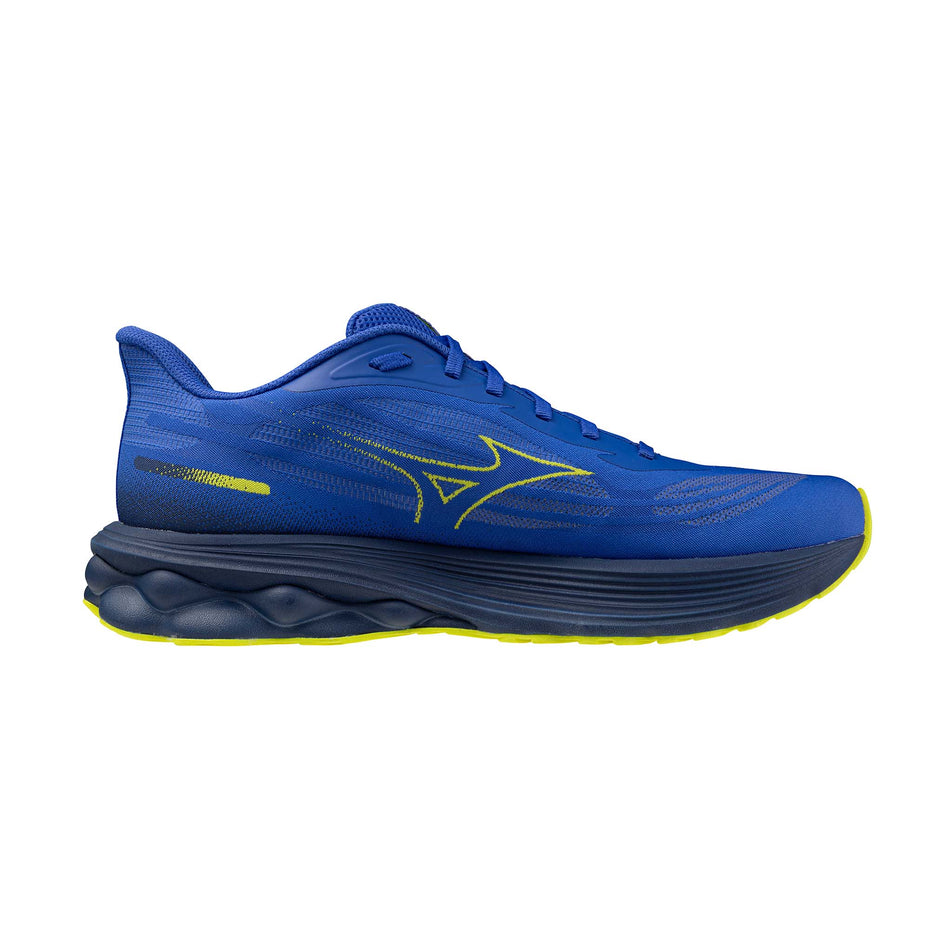 Medial view of the left shoe from a pair of Mizuno Men's Wave Skyrise 7 Running Shoes in the Dazzling Blue/Fortune Yellow/Estate Blue colourway.