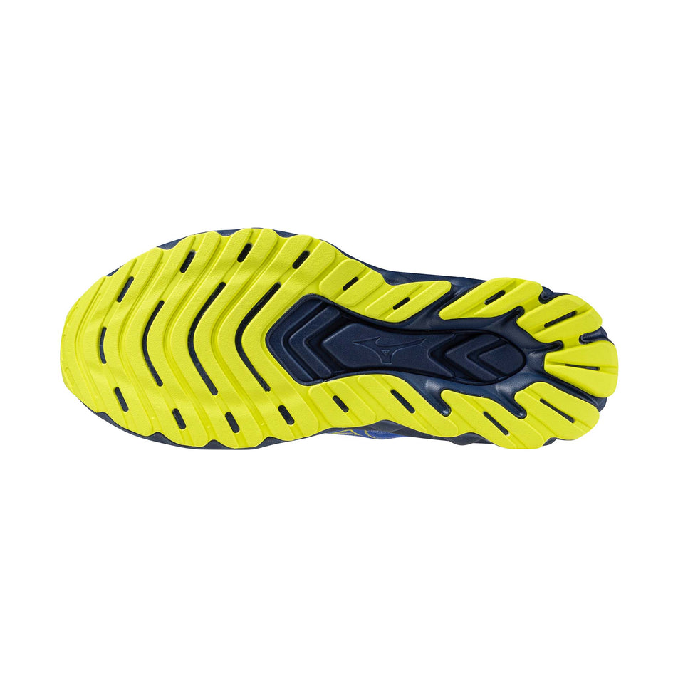 The outsole of the left shoe from a pair of Mizuno Men's Wave Skyrise 7 Running Shoes in the Dazzling Blue/Fortune Yellow/Estate Blue colourway.