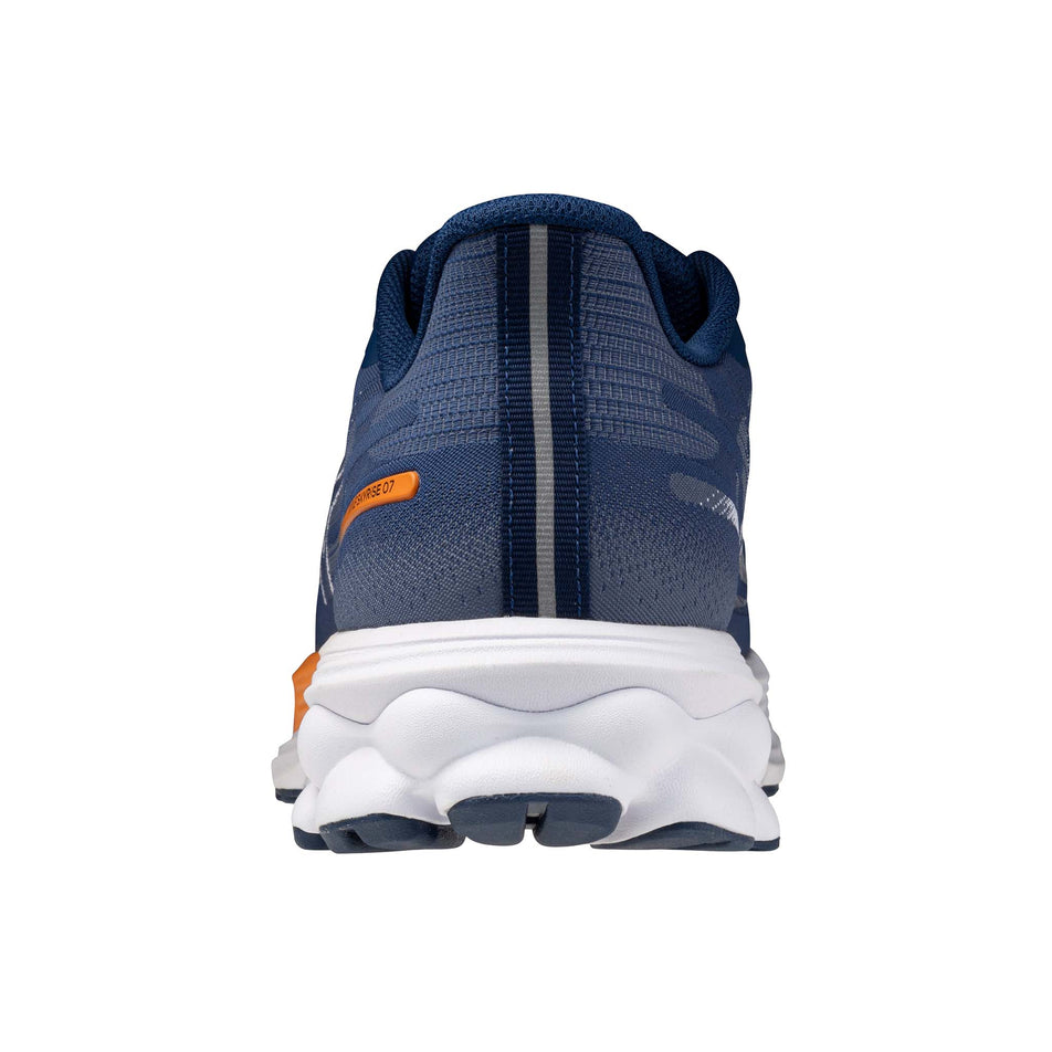 The back of the left shoe from a pair of Mizuno Men's Wave Skyrise 7 Running Shoes in the Estate Blue/White/Coral Rose colourway.