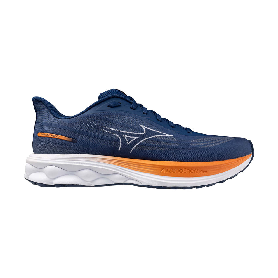 Lateral view of the right shoe from a pair of Mizuno Men's Wave Skyrise 7 Running Shoes in the Estate Blue/White/Coral Rose colourway.