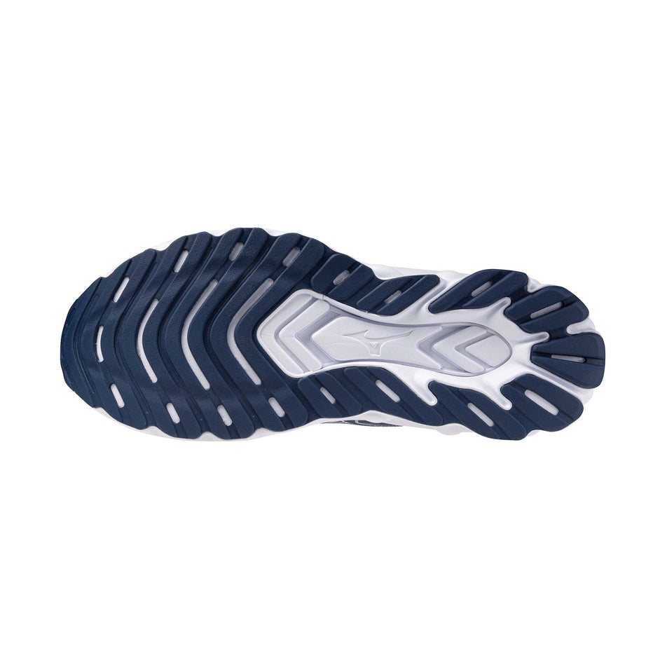 The outsole of the left shoe from a pair of Mizuno Men's Wave Skyrise 7 Running Shoes in the Estate Blue/White/Coral Rose colourway.
