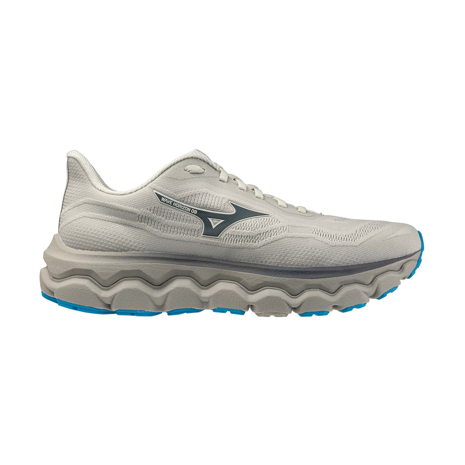 Lateral view of the right shoe from a pair of Mizuno Men's Wave Horizon 9 Running Shoes in the Foggy Dew/Dark Slate/Blue Jewel colourway.